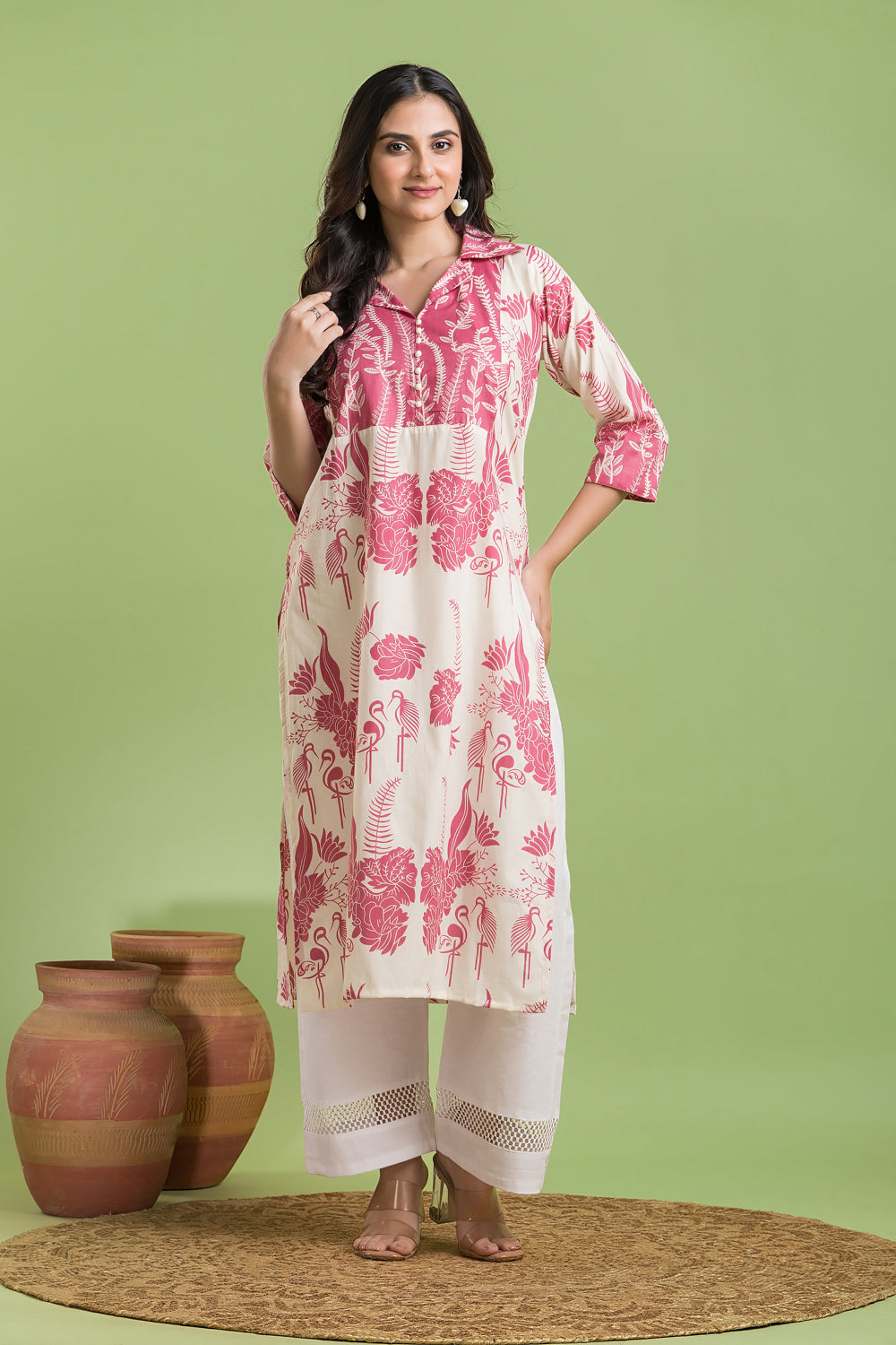 Off-white & Pink Flamingo Print Kurta