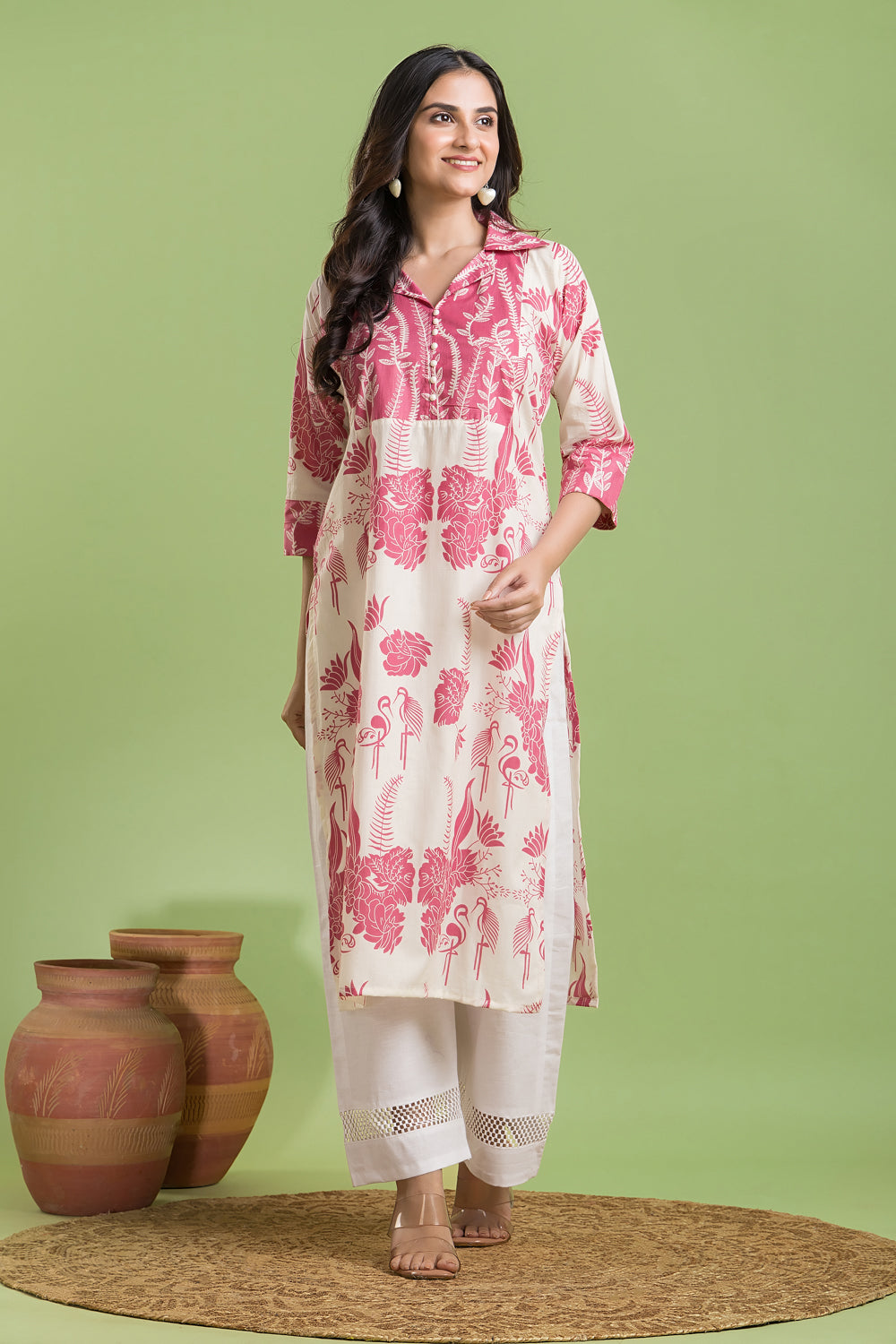 Off-white & Pink Flamingo Print Kurta