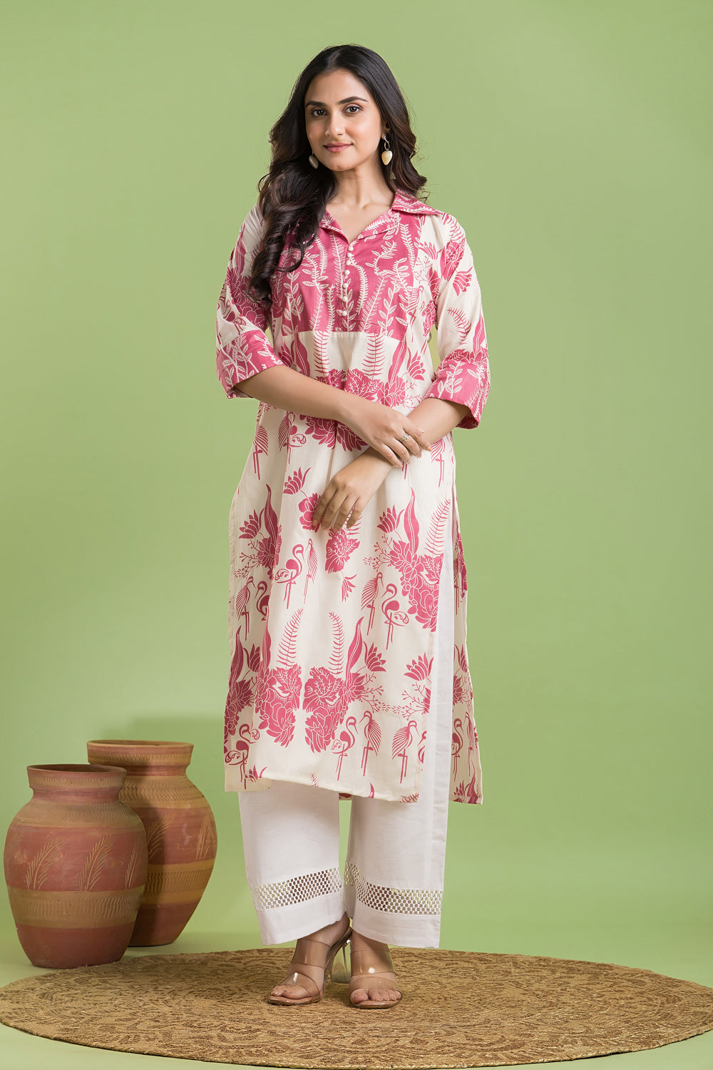 Off-white & Pink Flamingo Print Kurta