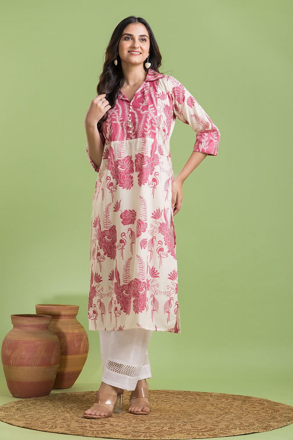Off-white & Pink Flamingo Print Kurta