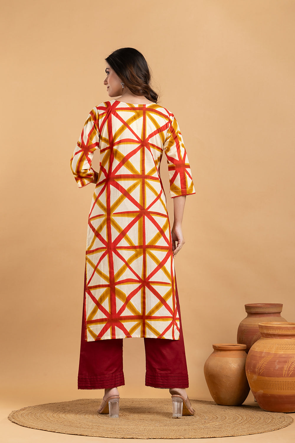 Off-white, Red & Yellow Geometric Print Kurta