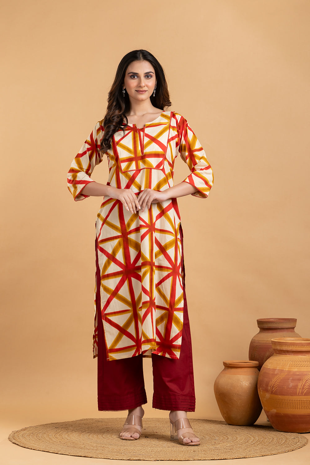 Off-white, Red & Yellow Geometric Print Kurta