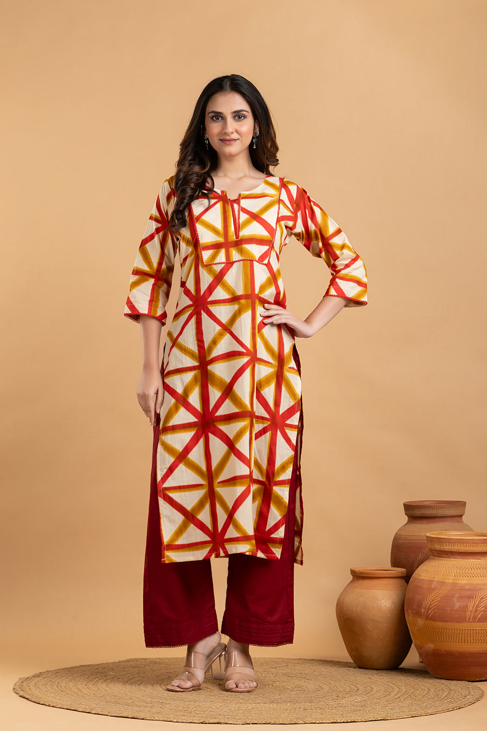 Off-white, Red & Yellow Geometric Print Kurta