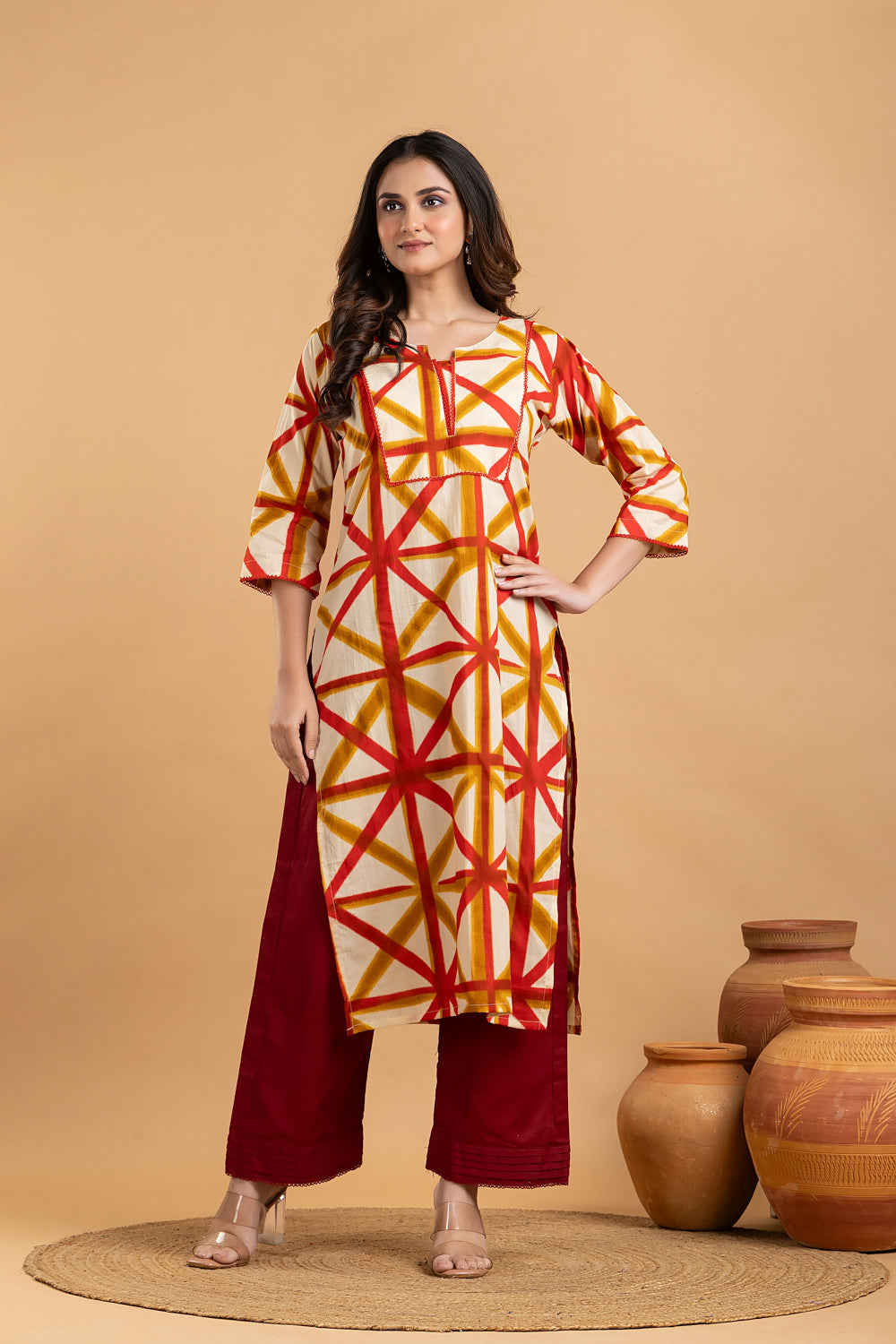 Off-white, Red & Yellow Geometric Print Kurta