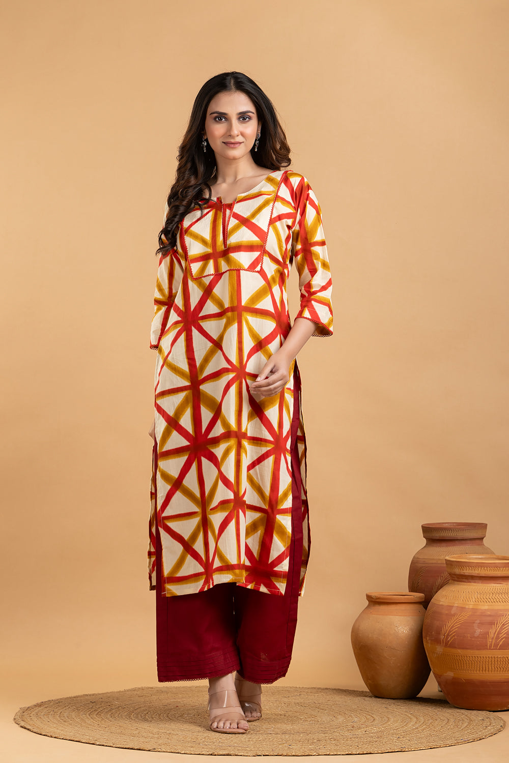Off-white, Red & Yellow Geometric Print Kurta