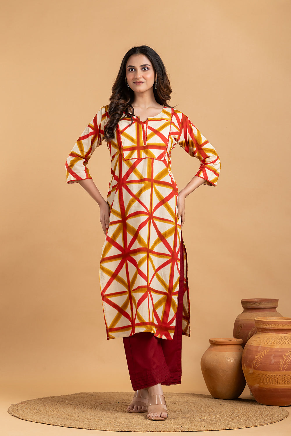 Off-white, Red & Yellow Geometric Print Kurta