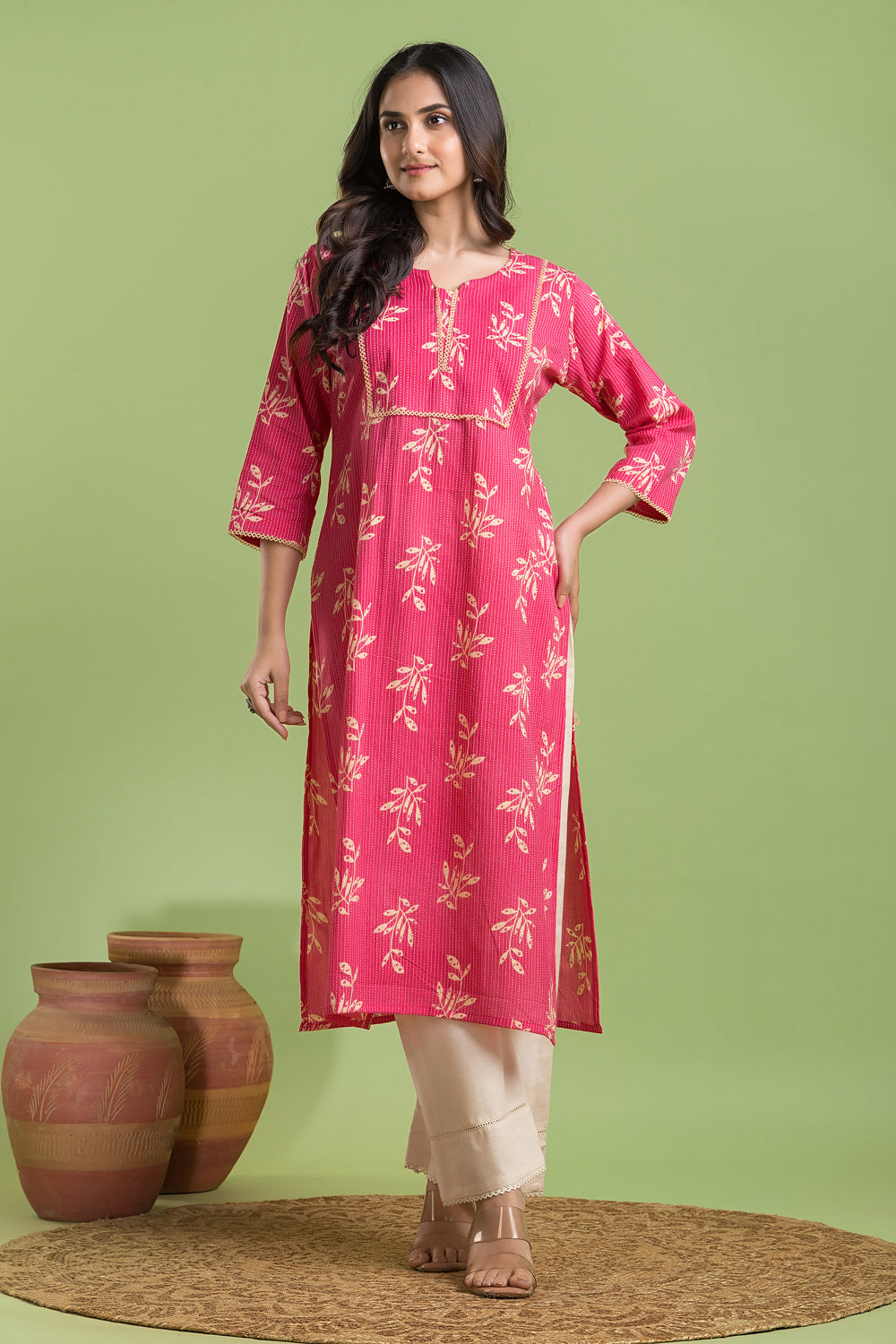 Hot Pink Leaf Print Kurta