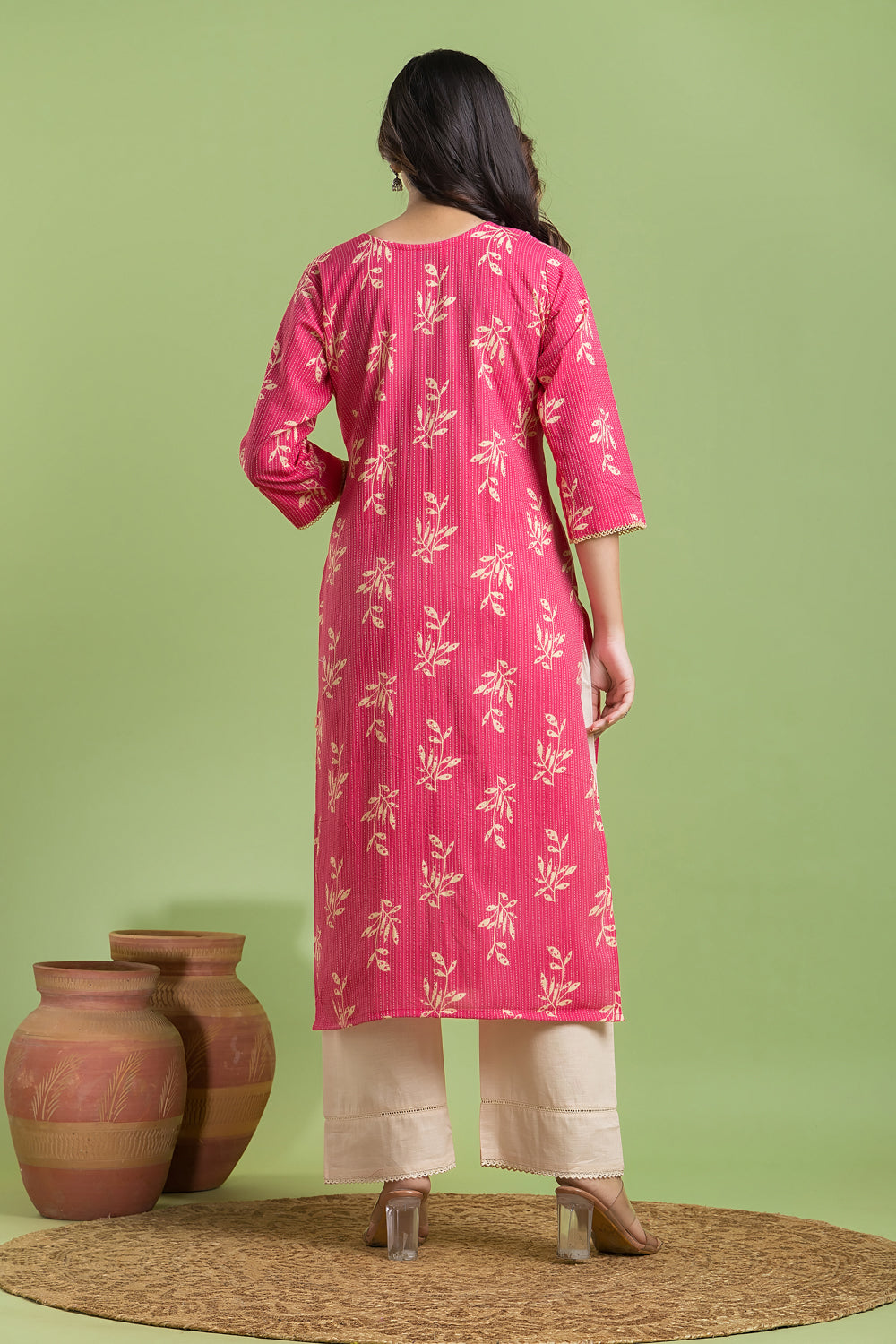 Hot Pink Leaf Print Kurta