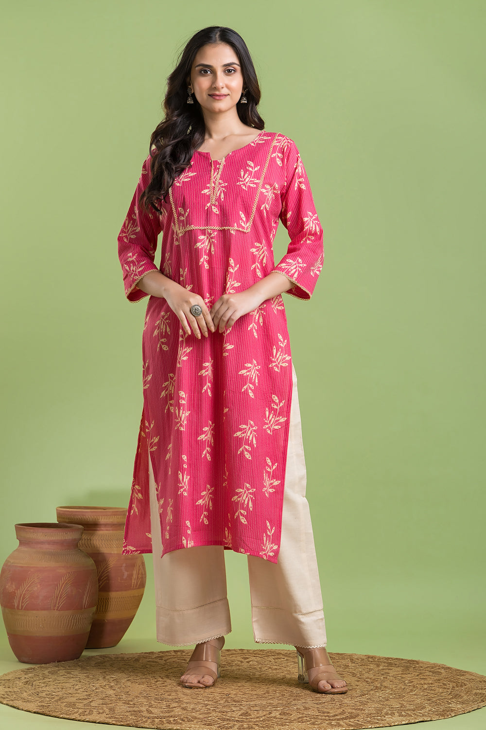 Hot Pink Leaf Print Kurta