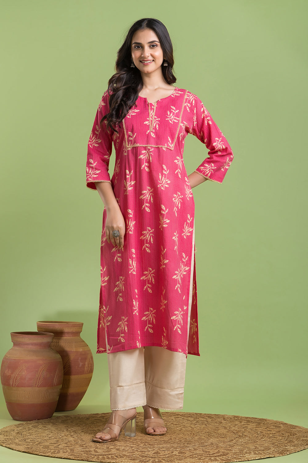 Hot Pink Leaf Print Kurta