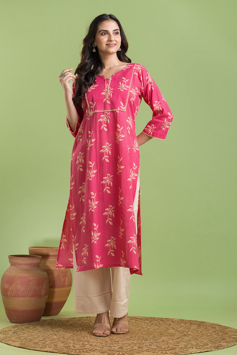 Hot Pink Leaf Print Kurta