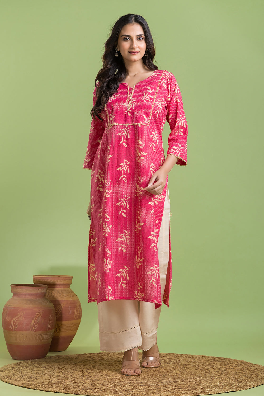 Hot Pink Leaf Print Kurta