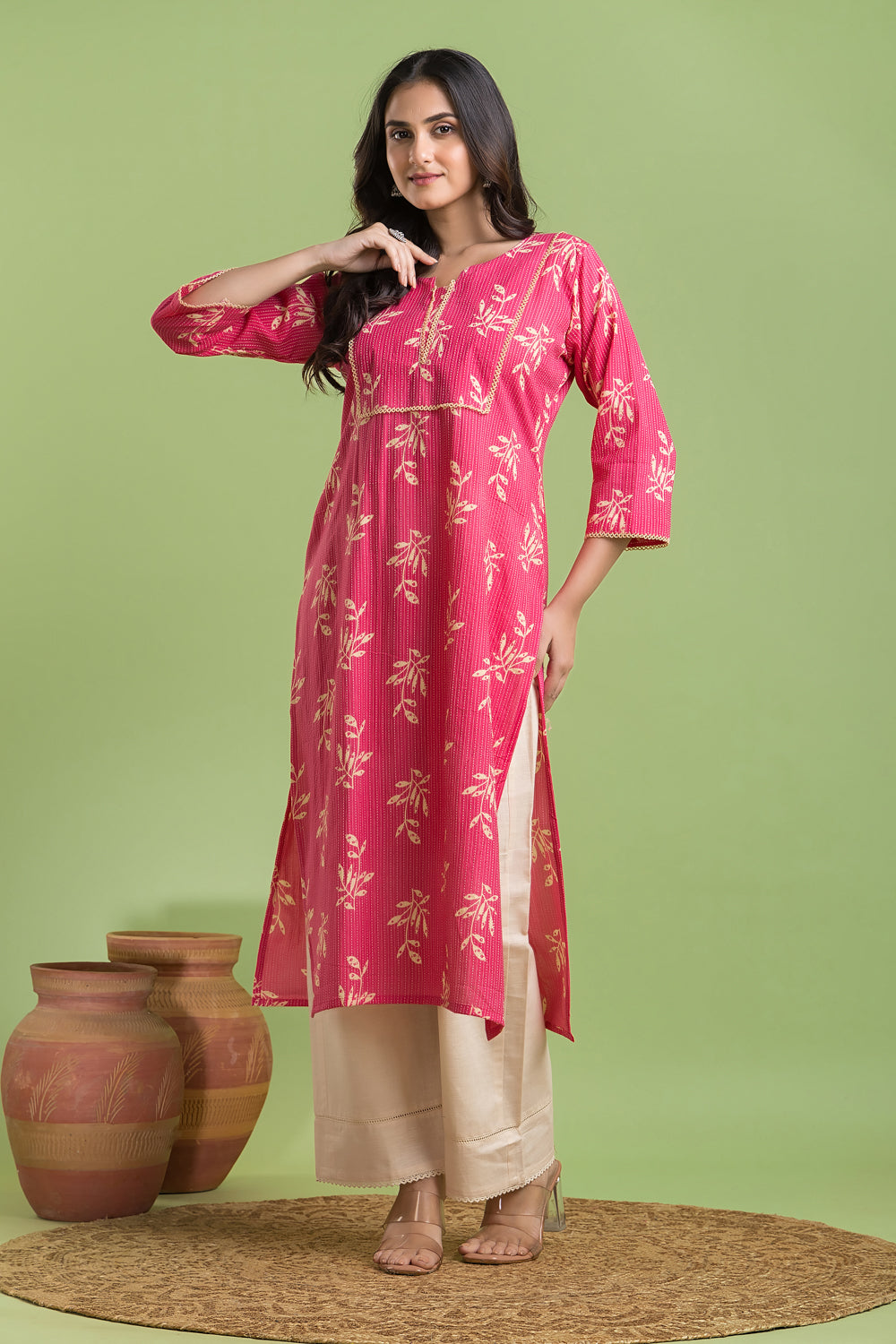 Hot Pink Leaf Print Kurta