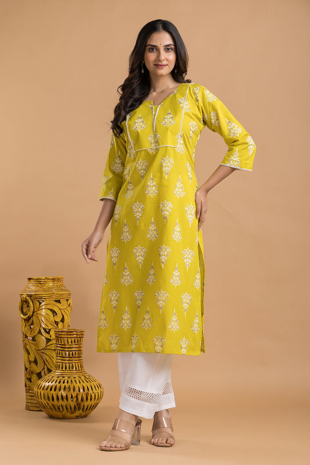 Yellow Green Floral Print Kurta