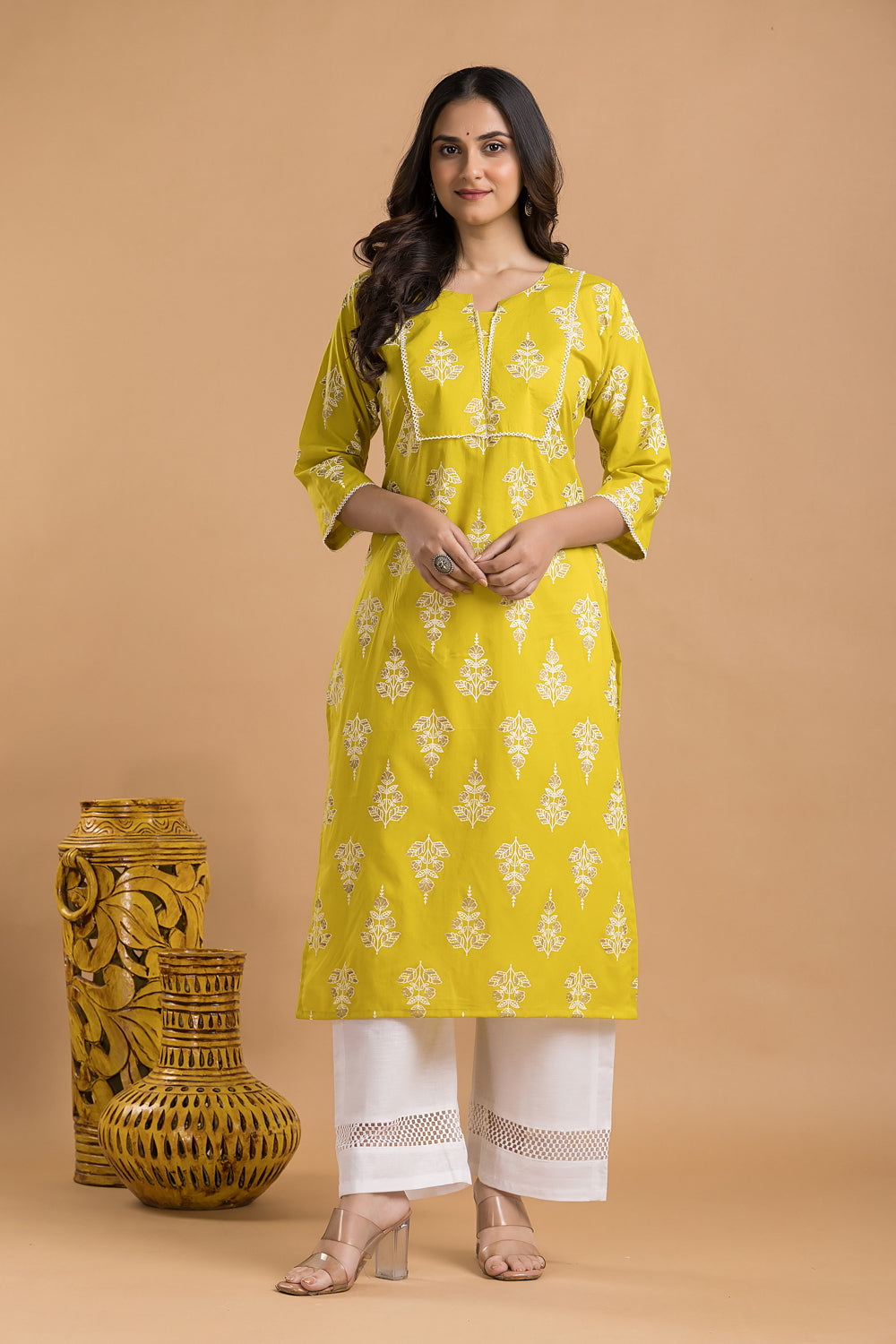 Yellow Green Floral Print Kurta