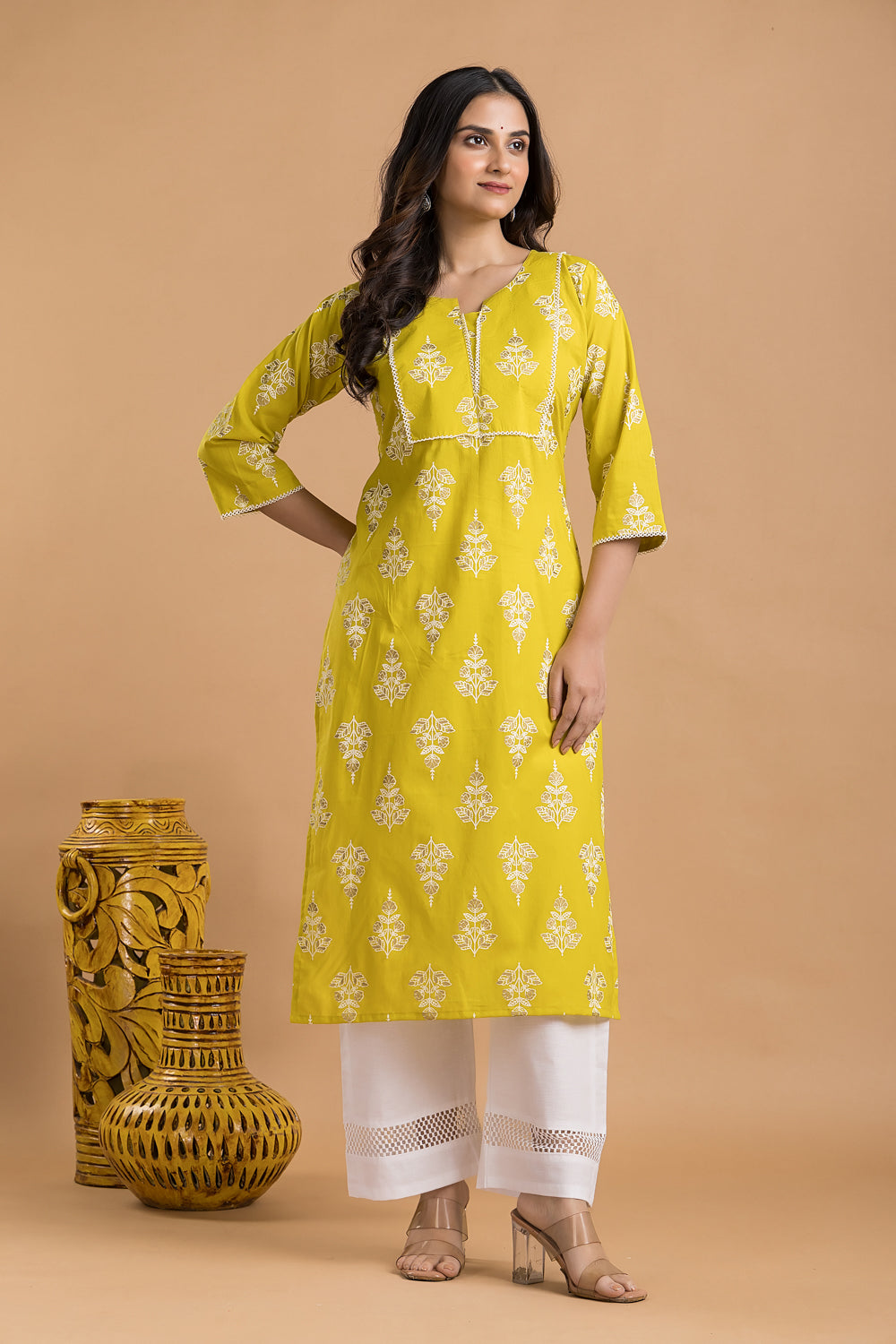 Yellow Green Floral Print Kurta