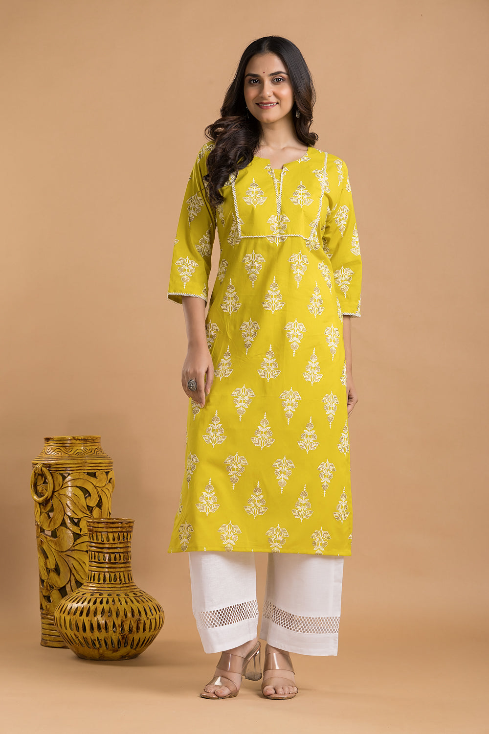 Yellow Green Floral Print Kurta