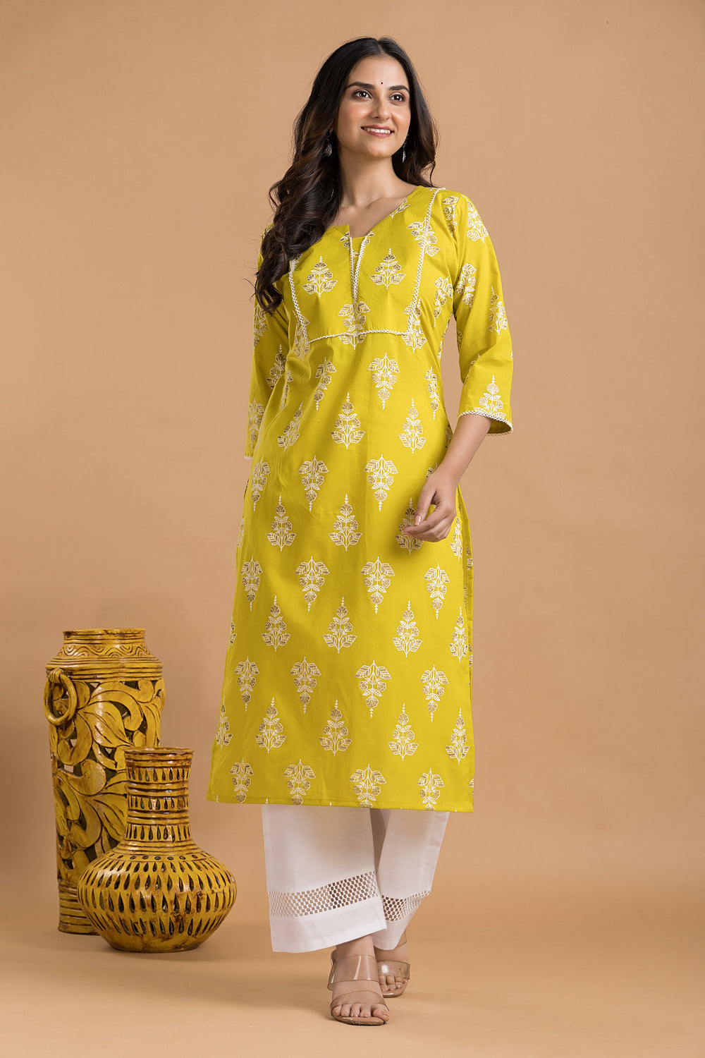 Yellow Green Floral Print Kurta
