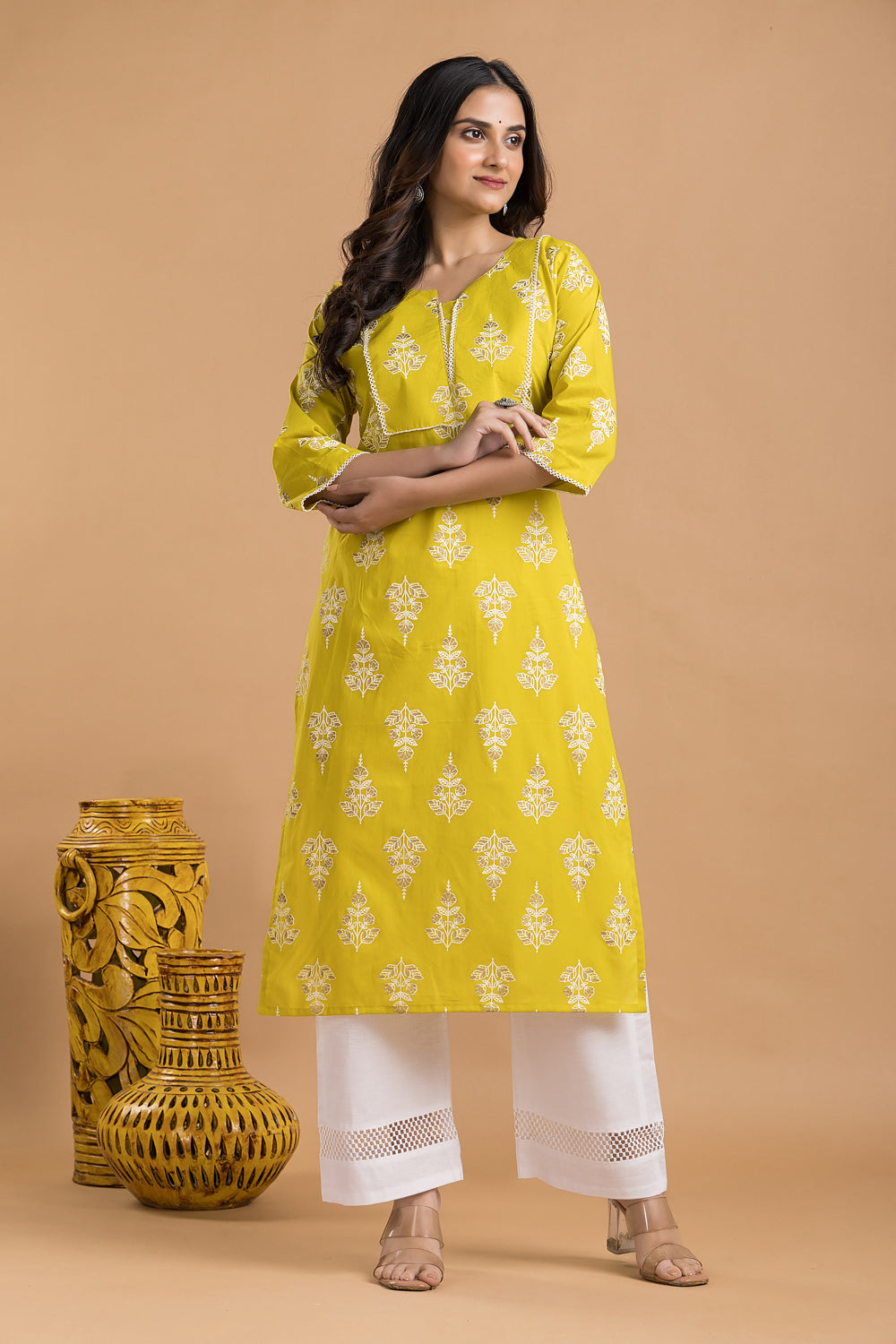 Yellow Green Floral Print Kurta