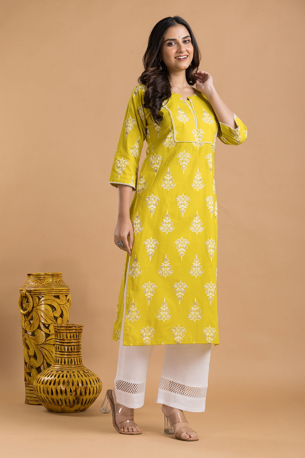 Yellow Green Floral Print Kurta