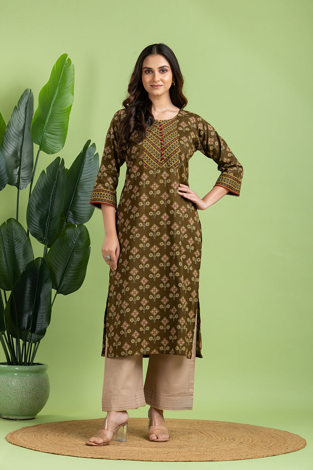 Olive Green Floral Print Kurta