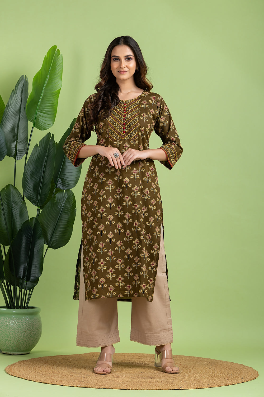 Olive Green Floral Print Kurta