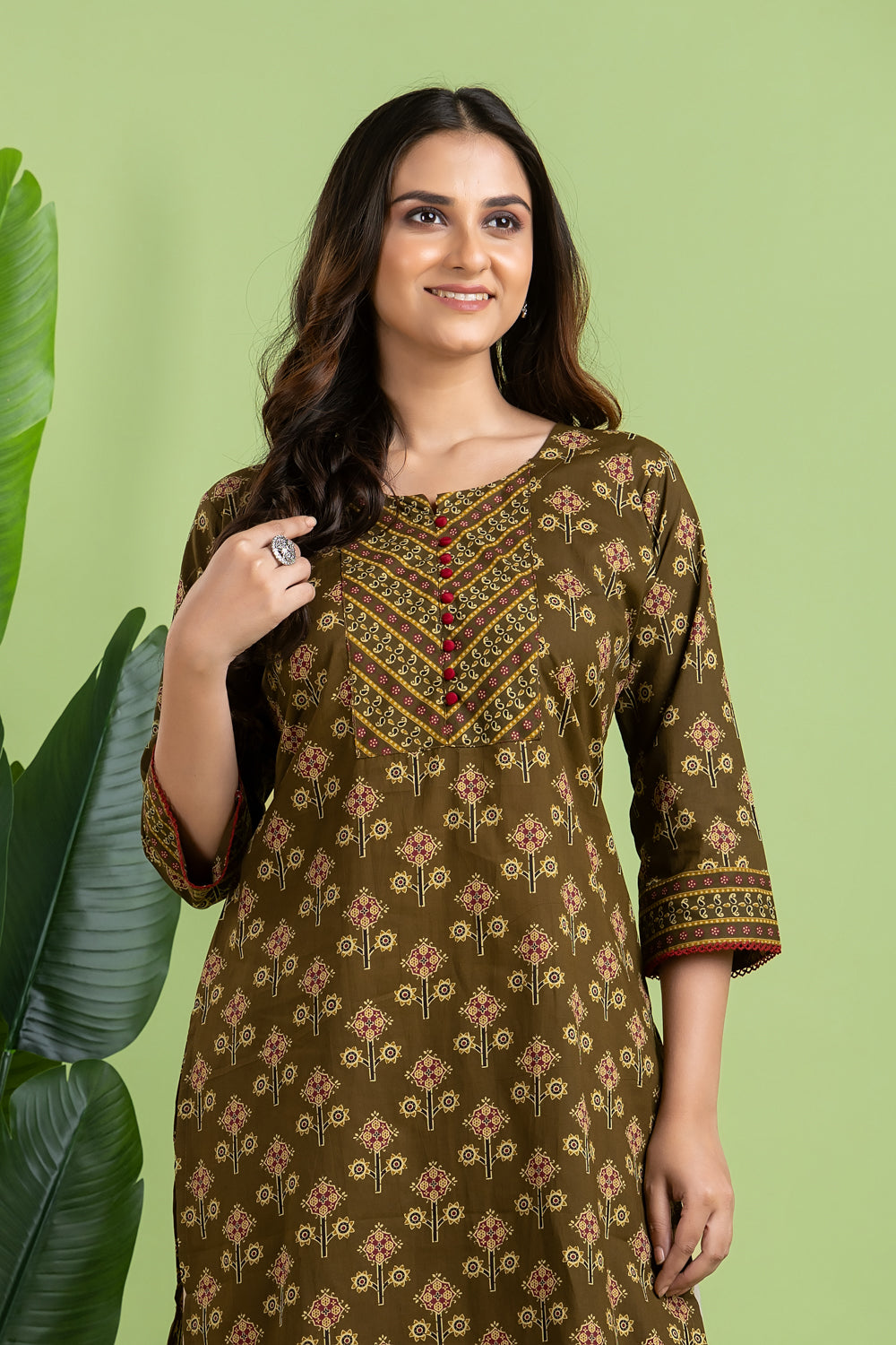 Olive Green Floral Print Kurta
