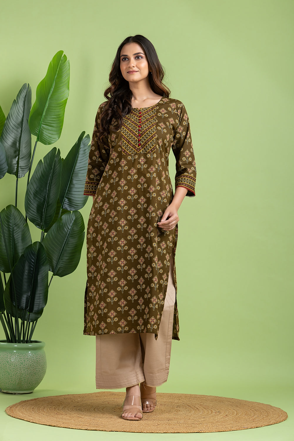Olive Green Floral Print Kurta