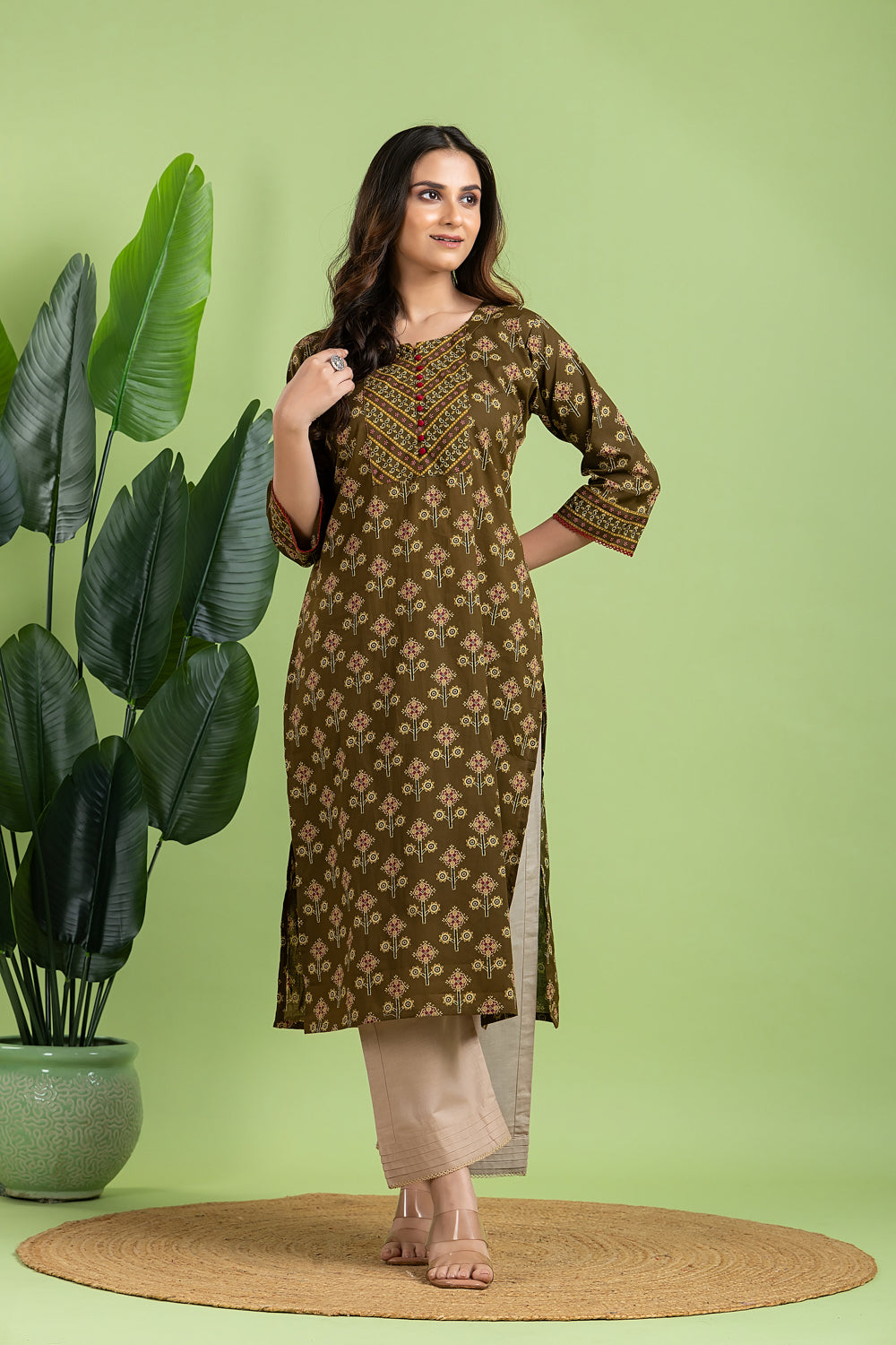 Olive Green Floral Print Kurta