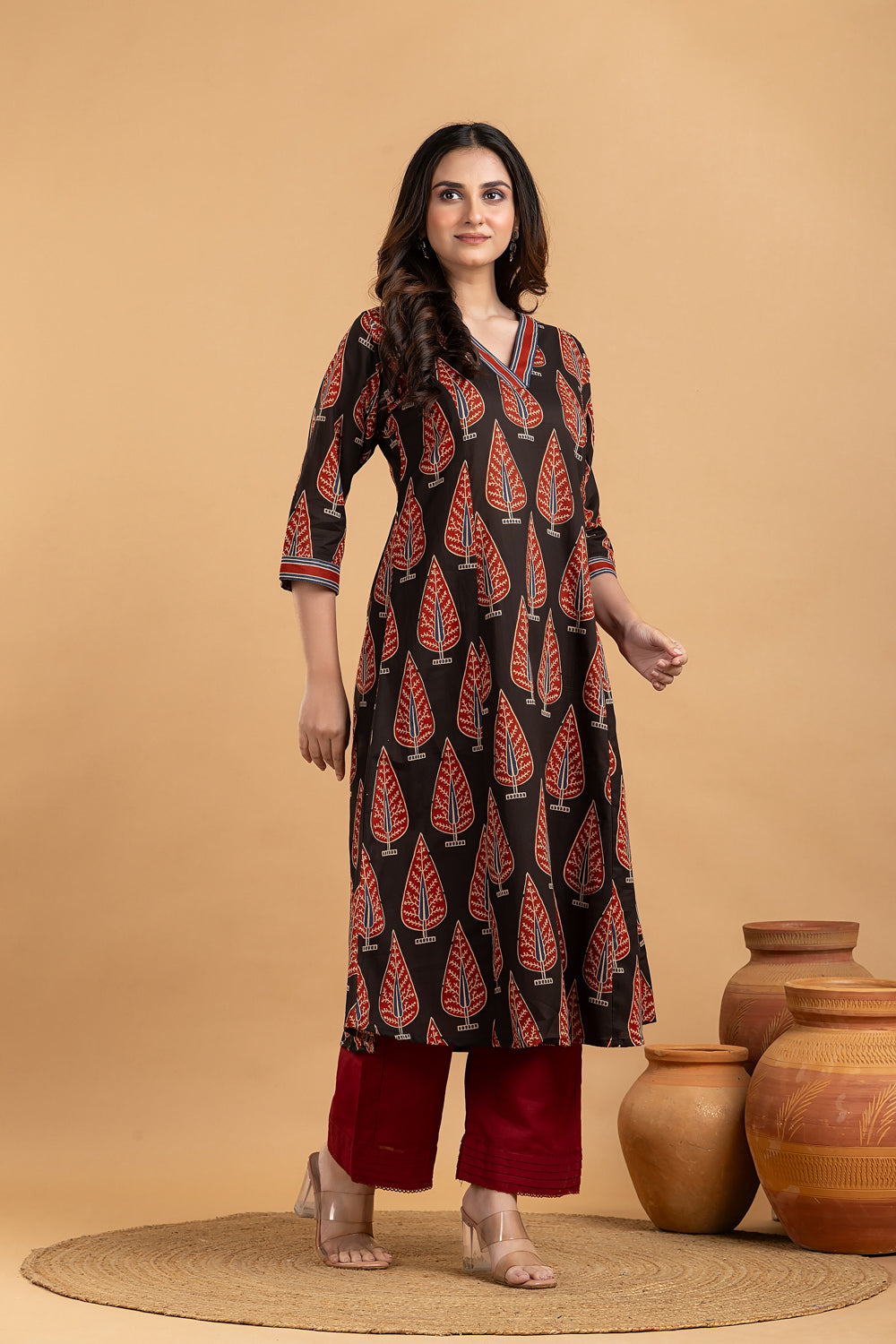 Black & Red Leaf Print A-Line Kurta