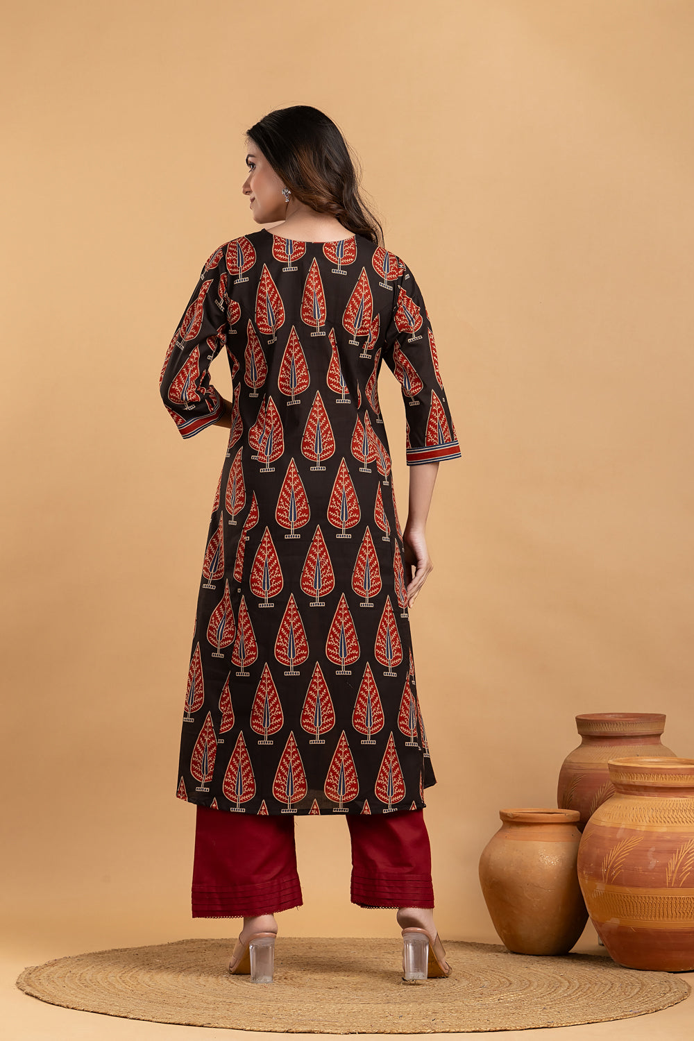 Black & Red Leaf Print A-Line Kurta