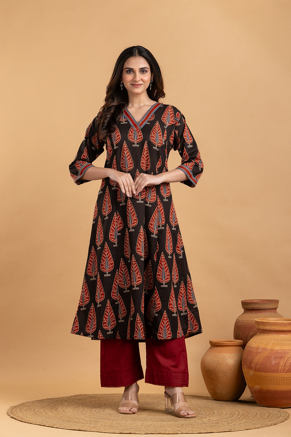 Black & Red Leaf Print A-Line Kurta