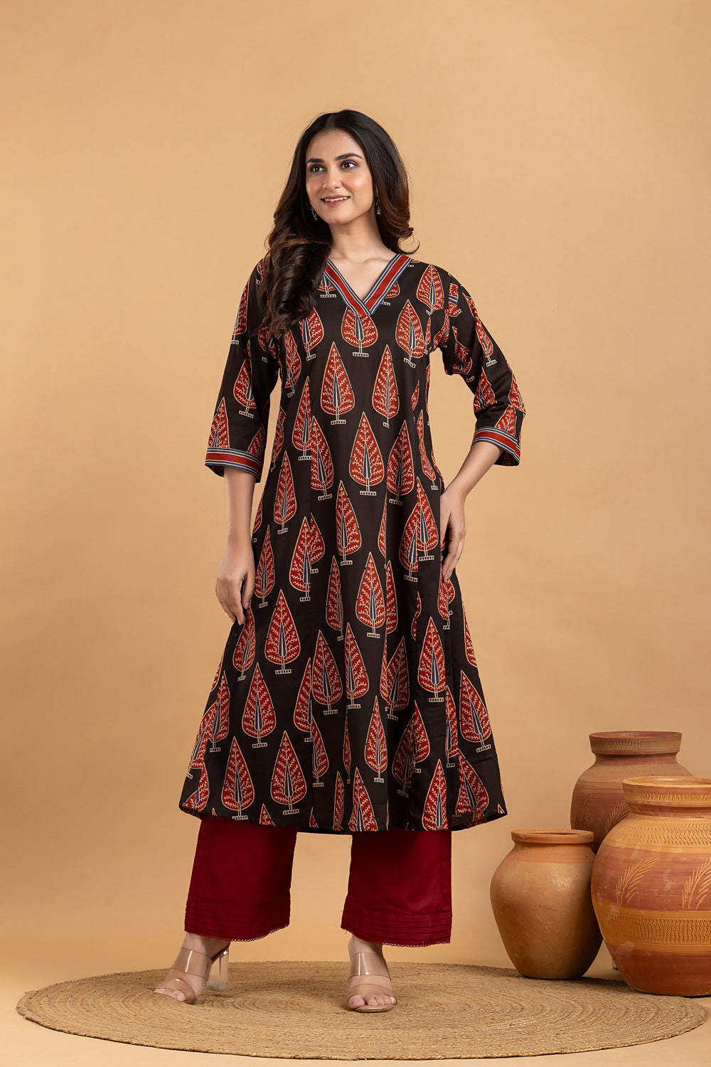 Black & Red Leaf Print A-Line Kurta