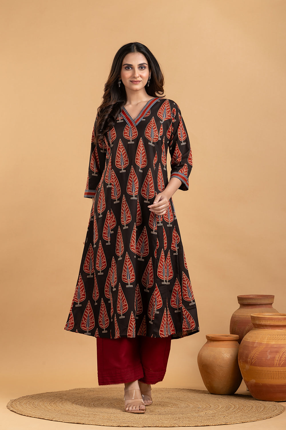 Black & Red Leaf Print A-Line Kurta