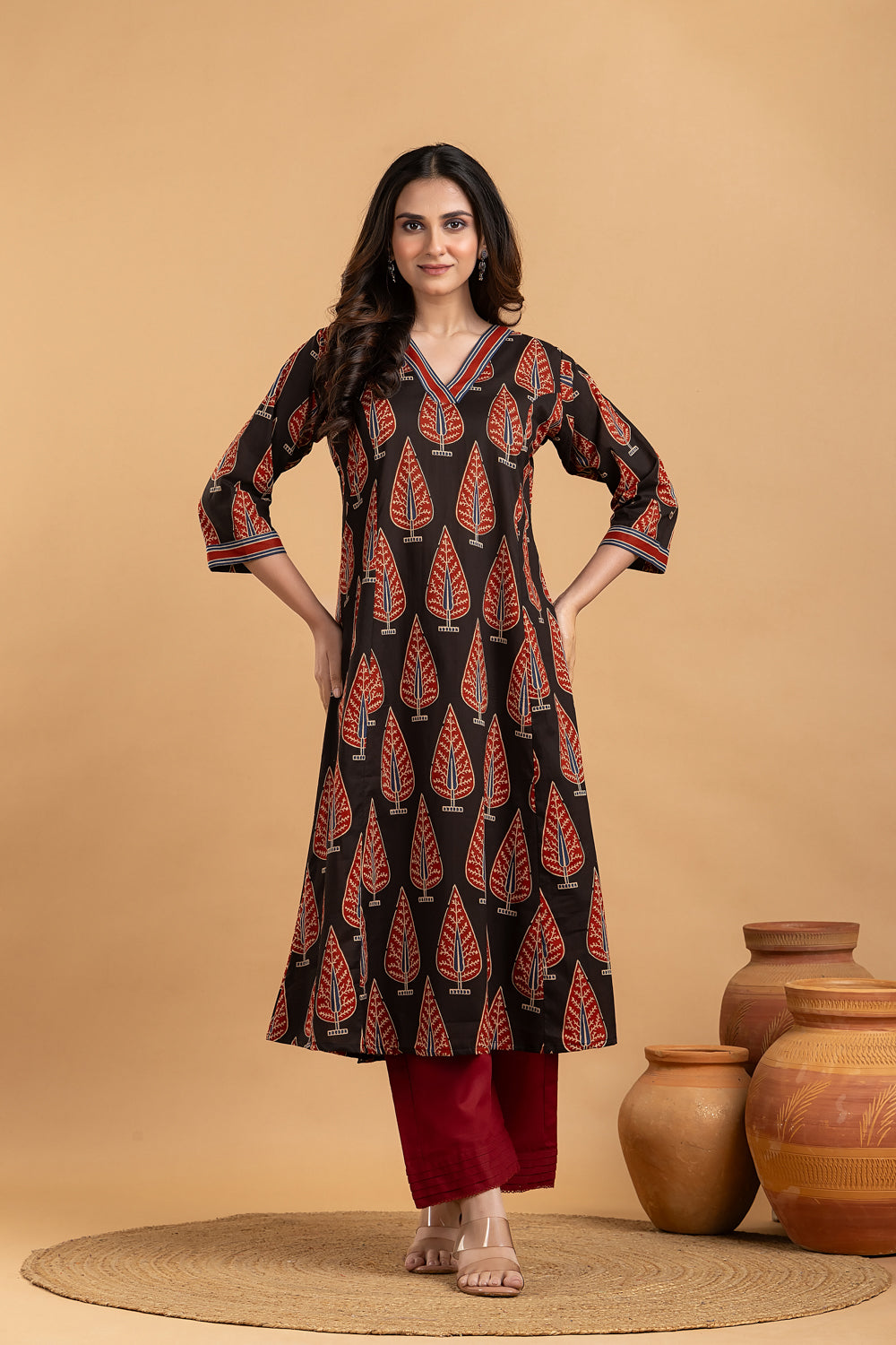 Black & Red Leaf Print A-Line Kurta