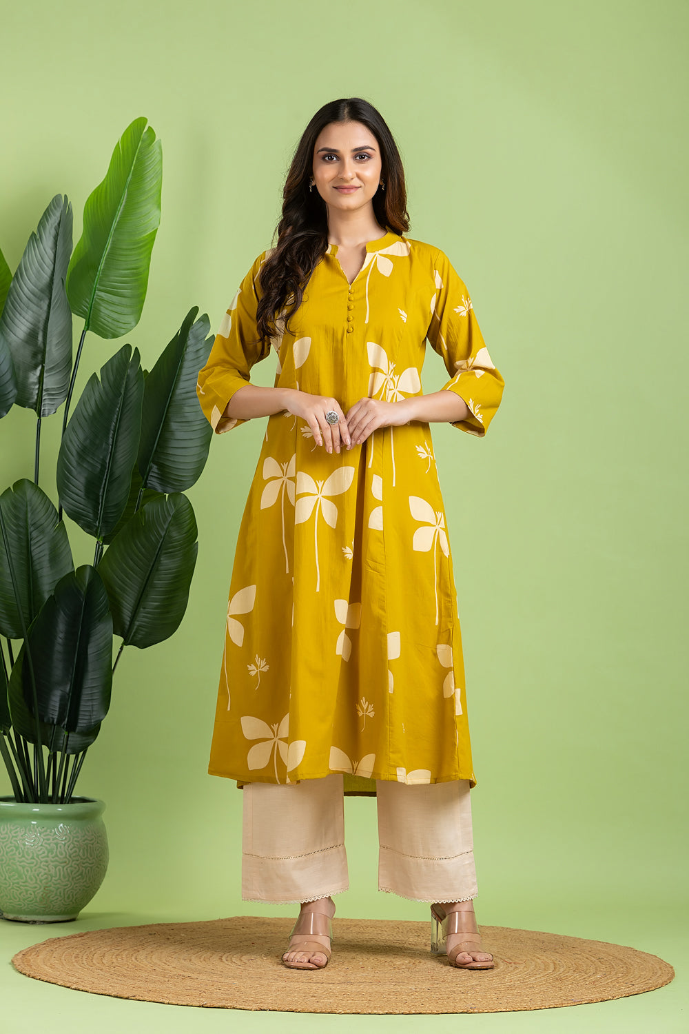 Yellow Floral Print A-Line Kurta