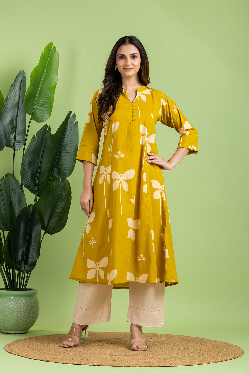 Yellow Floral Print A-Line Kurta