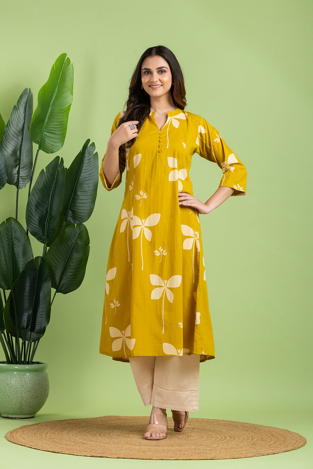 Yellow Floral Print A-Line Kurta
