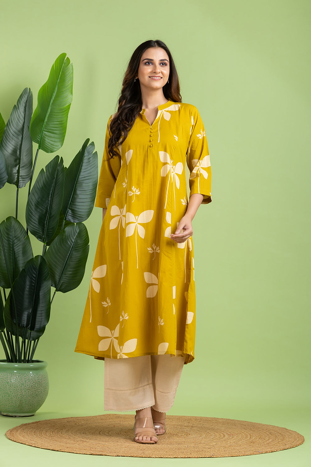 Yellow Floral Print A-Line Kurta