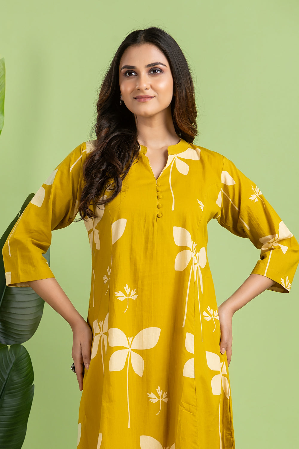 Yellow Floral Print A-Line Kurta