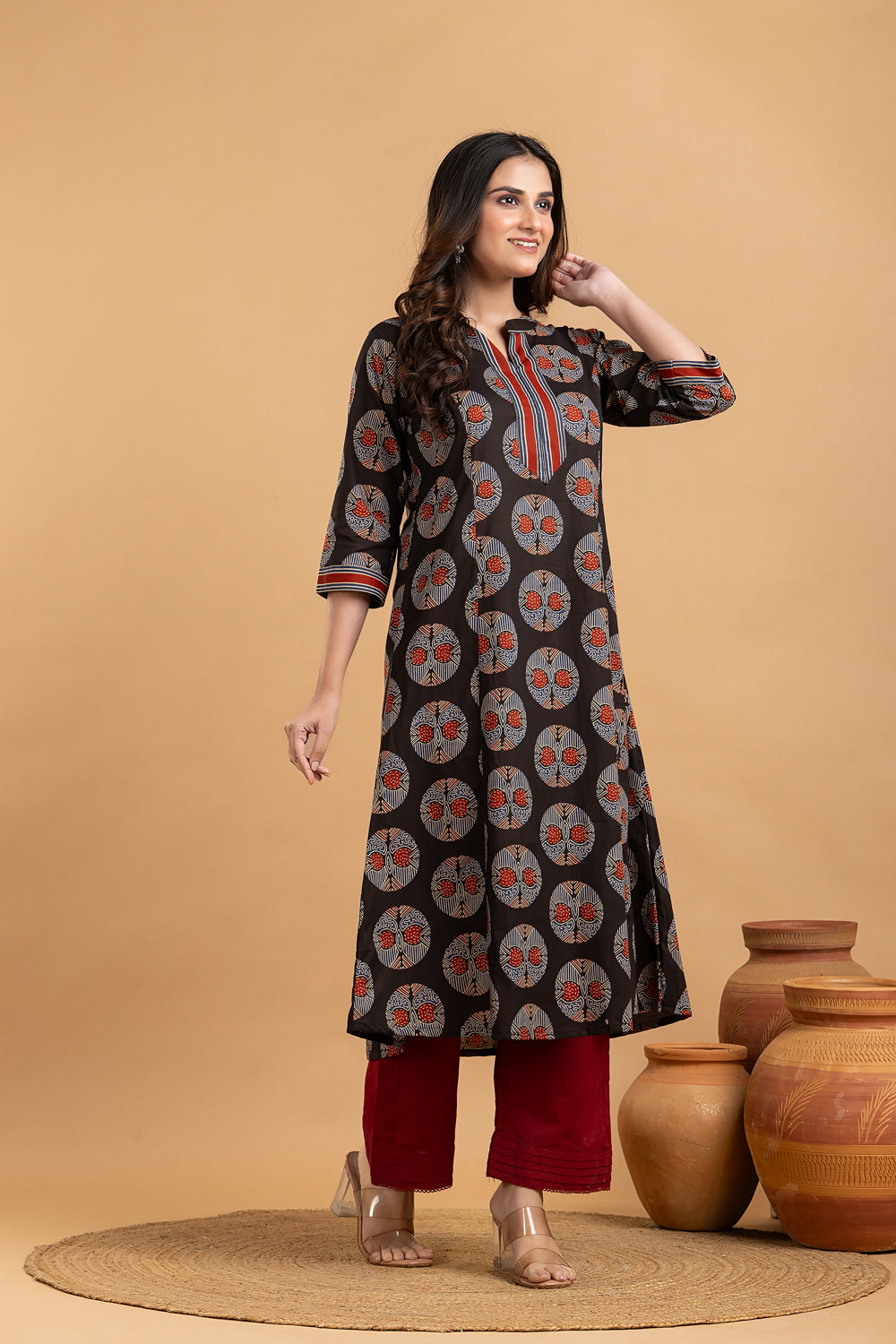 Black Geometric Print A-Line Kurta