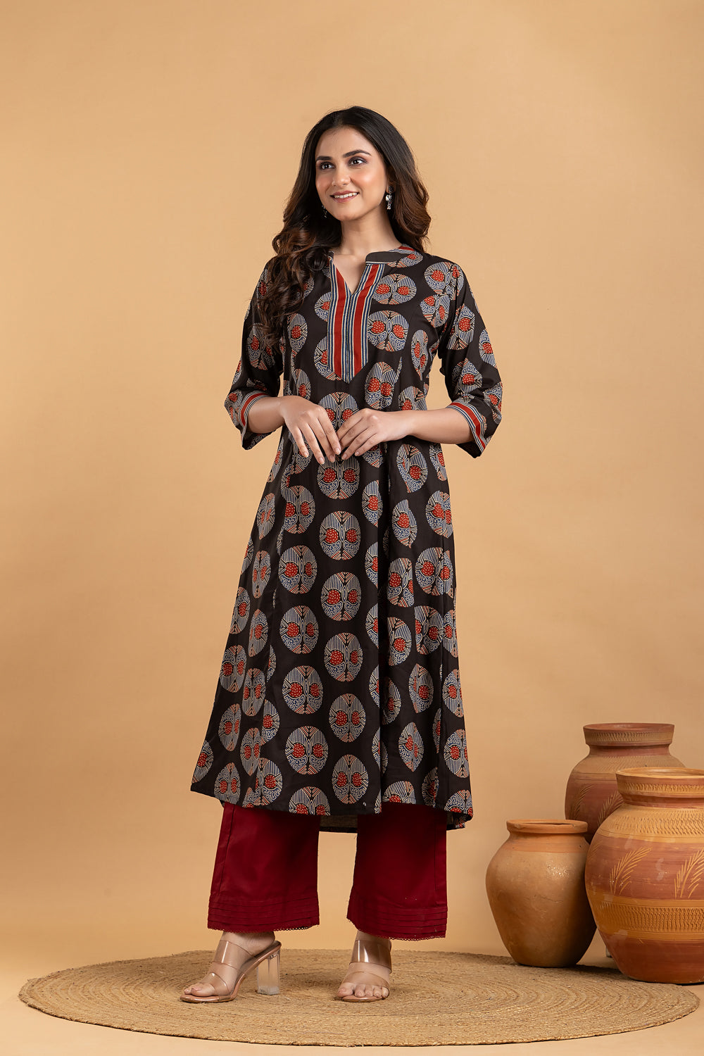 Black Geometric Print A-Line Kurta