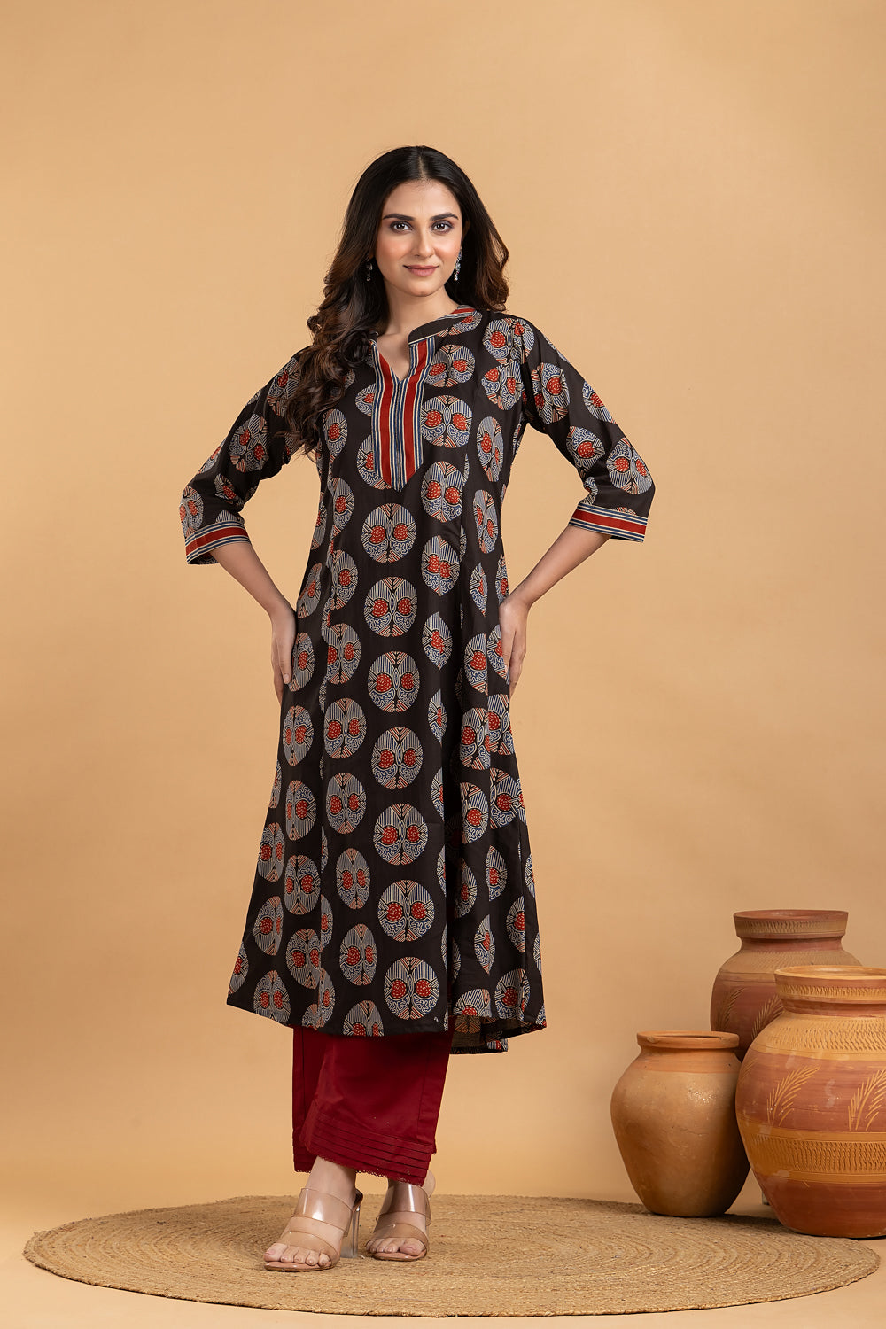 Black Geometric Print A-Line Kurta