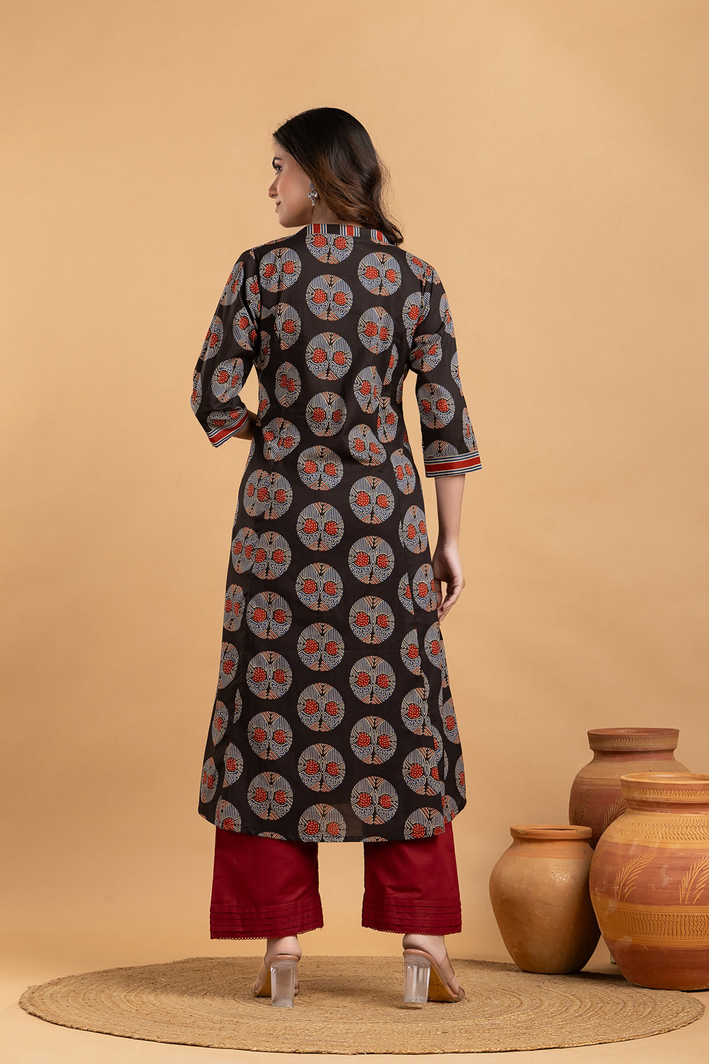 Black Geometric Print A-Line Kurta