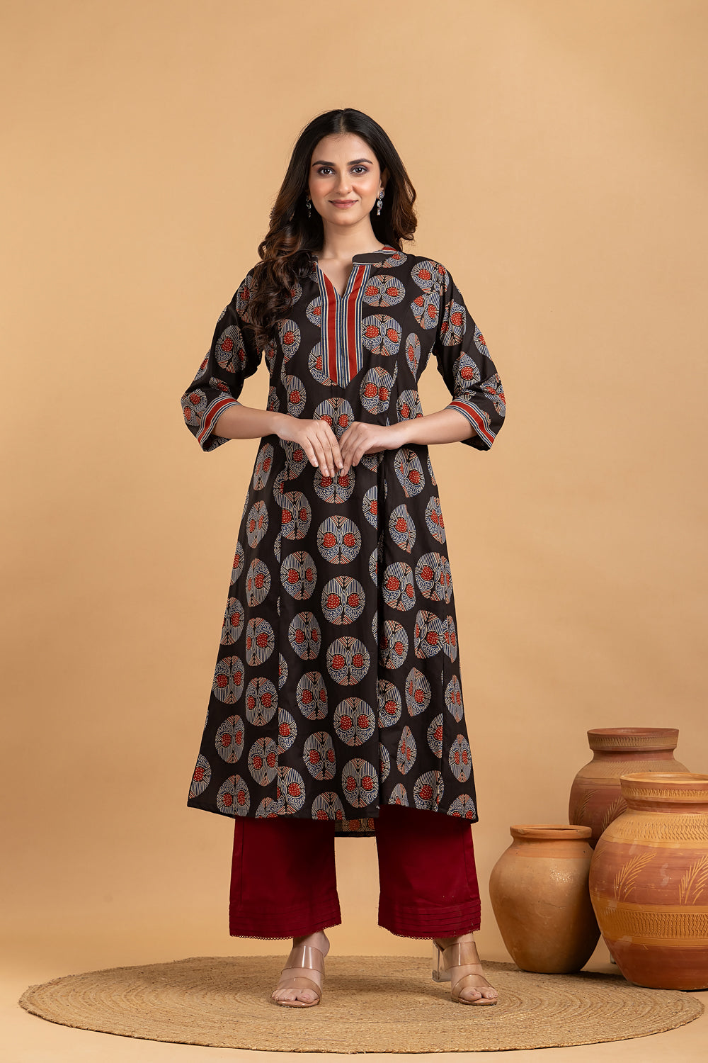 Black Geometric Print A-Line Kurta