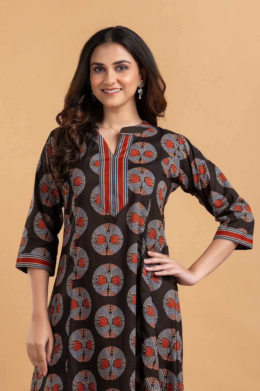 Black Geometric Print A-Line Kurta