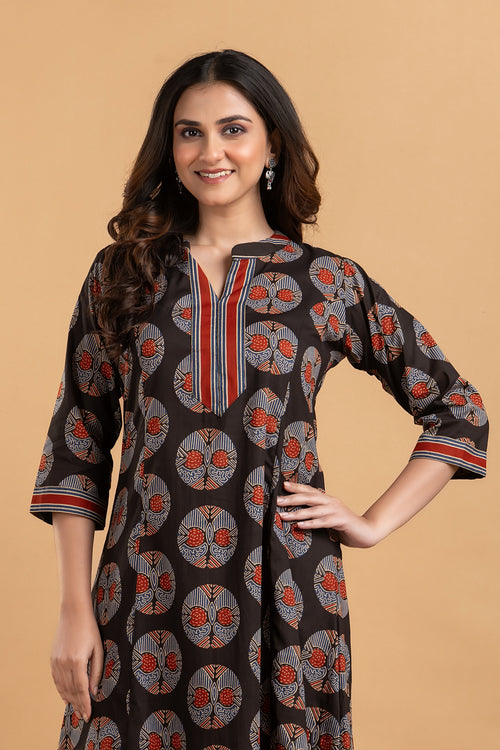 Black Geometric Print A-Line Kurta