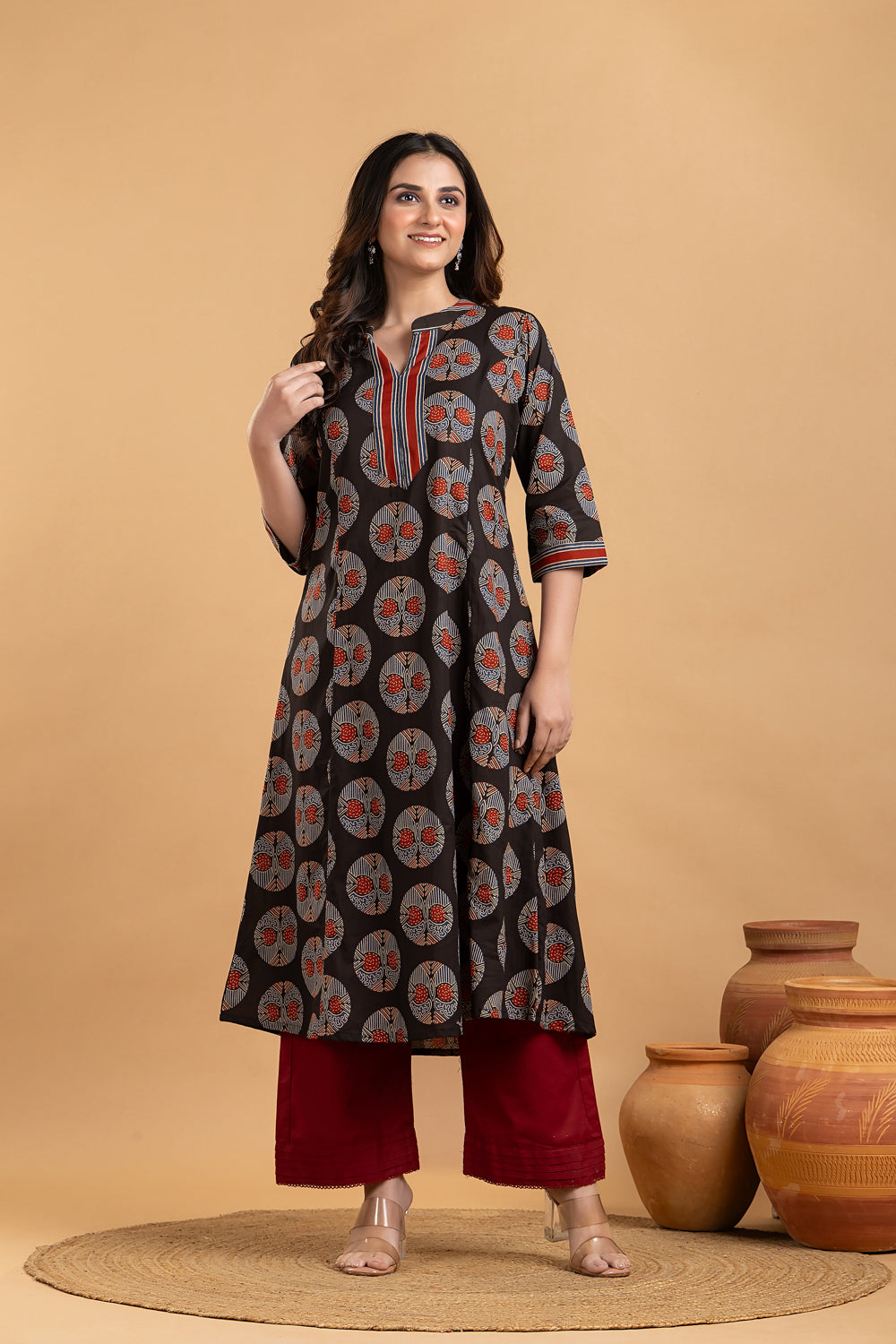 Black Geometric Print A-Line Kurta