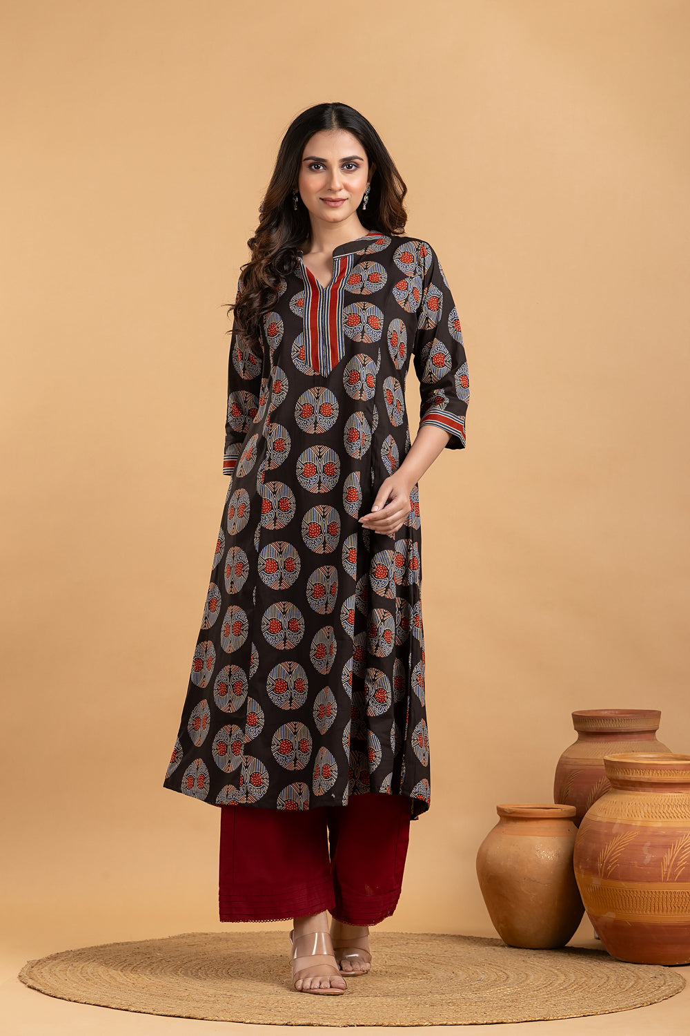 Black Geometric Print A-Line Kurta
