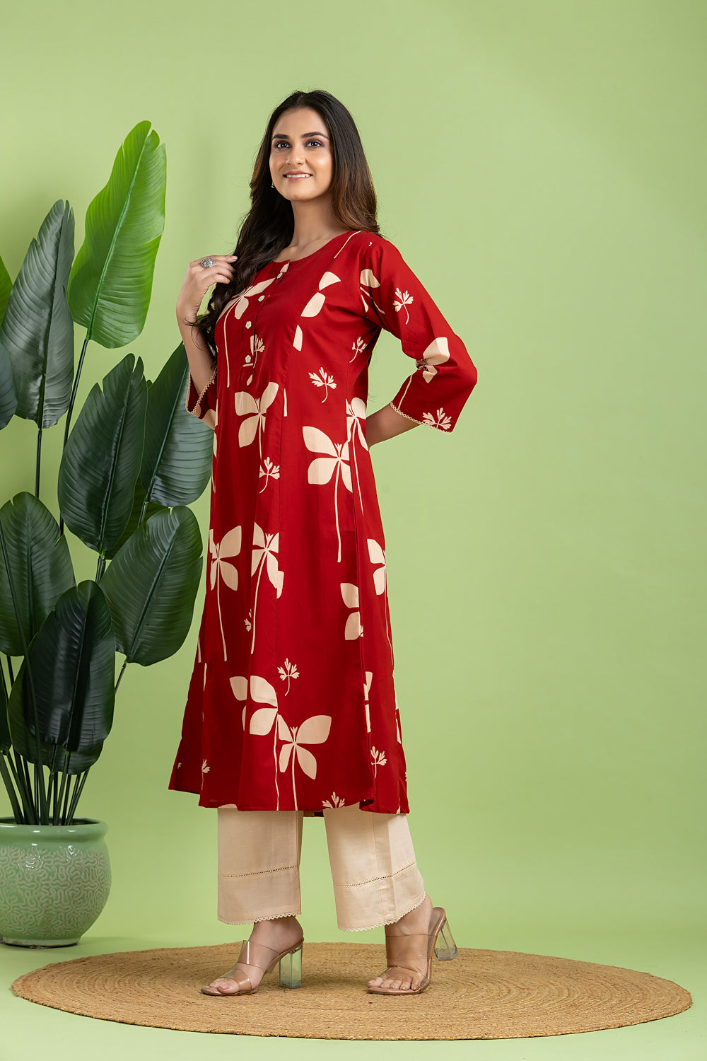 Maroon Floral A-Line Kurta